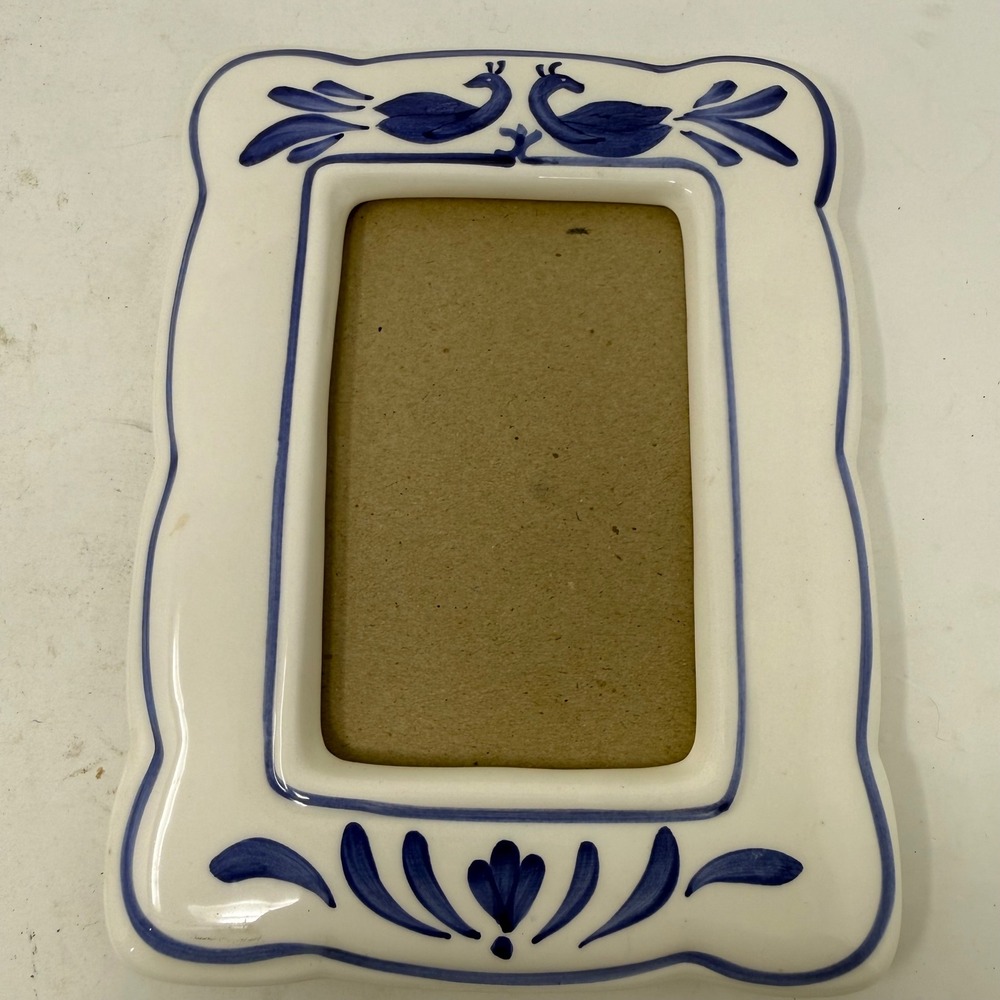 Vintage 1984 Fetco Ceramic Picture Frame Blue White Bird Floral 49335 5x3.5